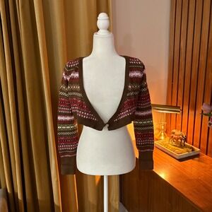 Gap Girls XL Brown Pink Fair Isle Cropped Cardigan Sweater Single Button V-Neck
